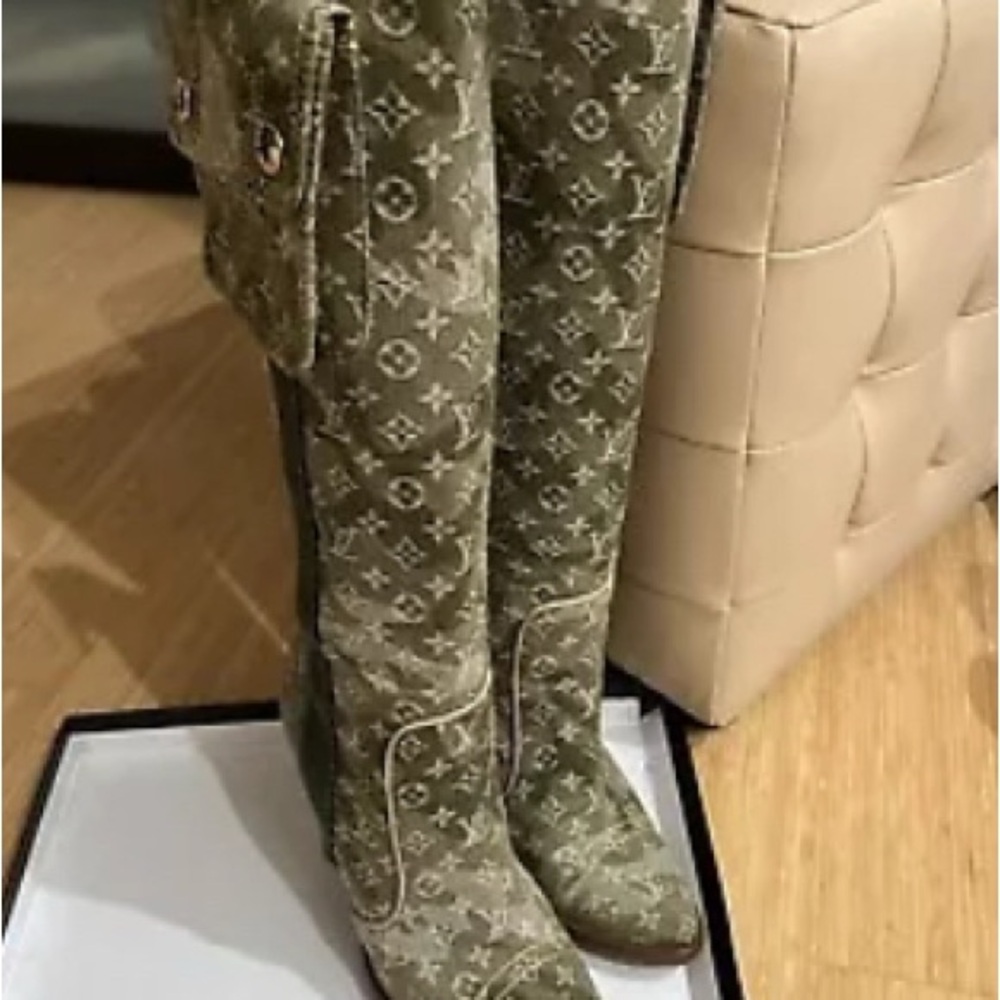 Monogramoflauge LV Green Denim Knee-High Boots